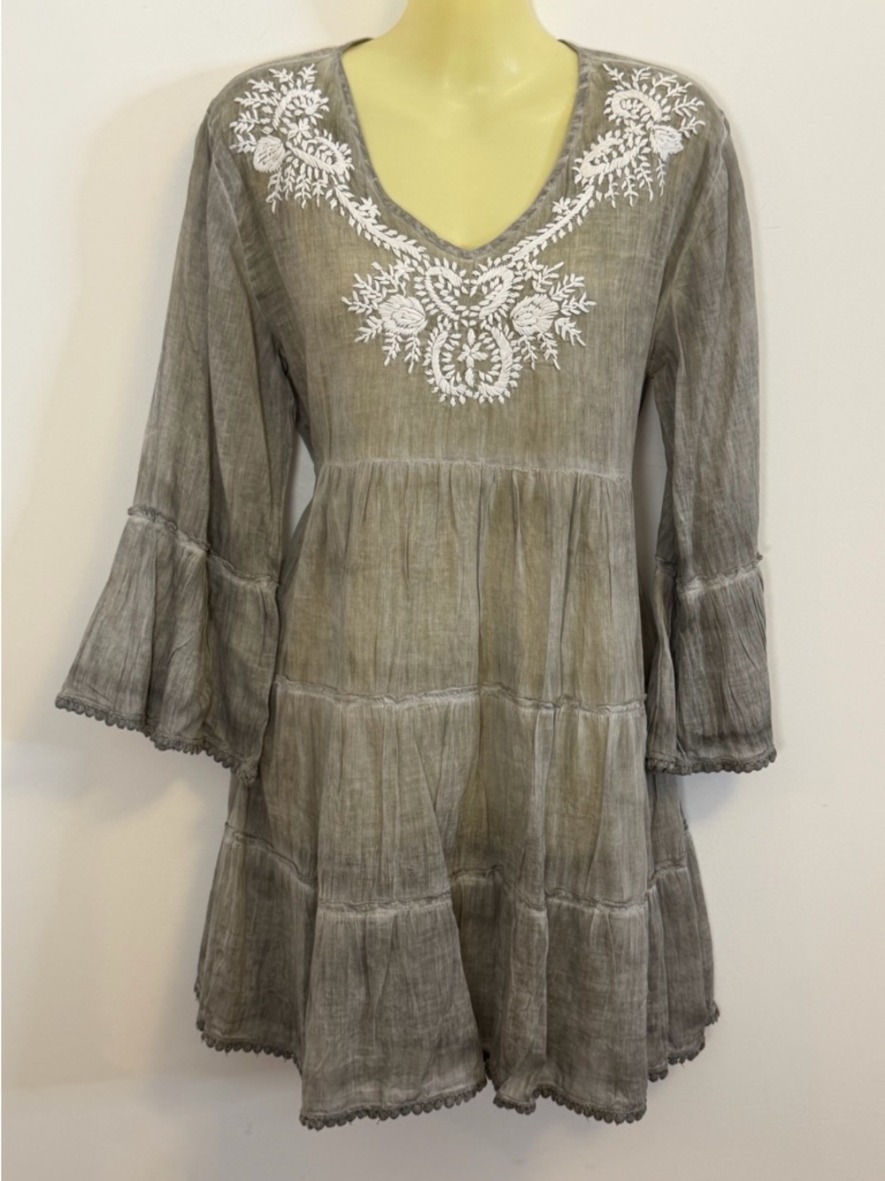 Dolma Semi Sheer Cotton Bell Sleeve Babydoll Cover Up